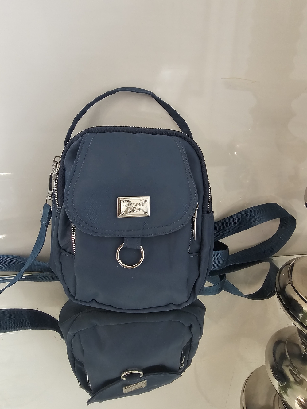Jingpin Structured Blue Mini Backpack with Ring Accent